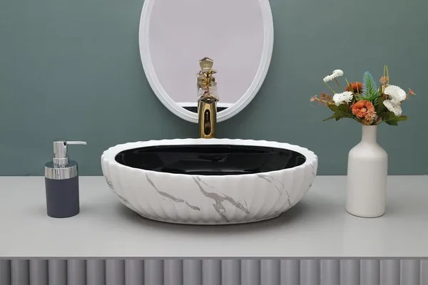 HISRE_Ceramic_Tabletop_Wash_Basin_Black_&_White_Marble_Finish_for_Modern_Bathroom_Table_Top_Wash_Basin_Countertop_Bathroom_Sink_(19_x_13.5_x_5_Inch)_CE3301_Over_Counter_Basin_(White)