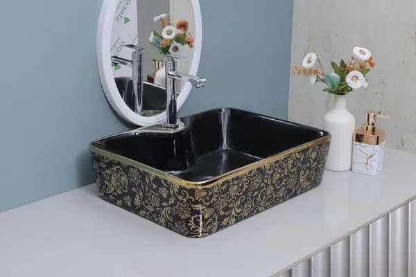 HISRE_Luxury_Ceramic_Wash_Basin_Black_Gold_Glossy_Rectangle_Designer_Countertop_Sink_European_Style_Designer_Countertop_Vessel_Sink_for_Bathroom_(19x_14_x_5_Inch)_Over_Counter_Basin_(Black_&_Golden)