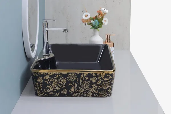 HISRE_Luxury_Ceramic_Wash_Basin_Black_Gold_Glossy_Rectangle_Designer_Countertop_Sink_European_Style_Designer_Countertop_Vessel_Sink_for_Bathroom_(19x_14_x_5_Inch)_Over_Counter_Basin_(Black_&_Golden)