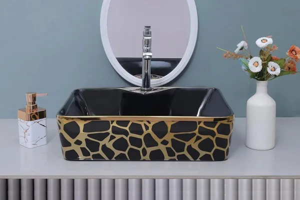HISRE_Luxury_Glossy_Ceramic_Tabletop_Wash_Basin_Black_Gold_Glossy_Square_Designer_Sink_European_Style_Designer_Countertop_Vessel_Sink_for_Bathroom_(19x14x5_Inch)_G1113_Over_Counter_Basin_(Black_&_Golden)