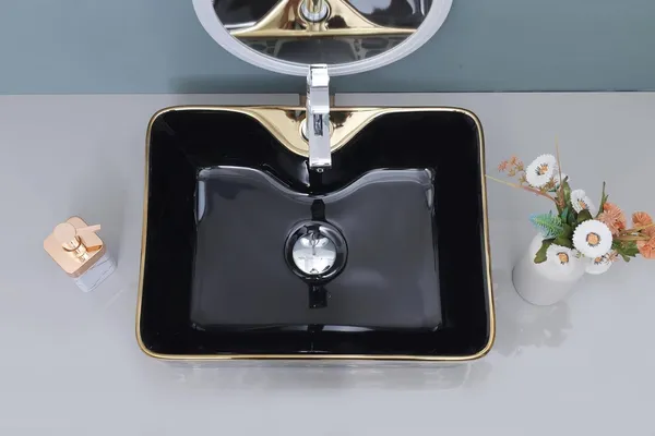 HISRE_Luxury_Glossy_Ceramic_Tabletop_Wash_Basin_Black_Gold_Glossy_Square_Designer_Sink_European_Style_Designer_Countertop_Vessel_Sink_for_Bathroom_(19x14x5_Inch)_G1113_Over_Counter_Basin_(Black_&_Golden)