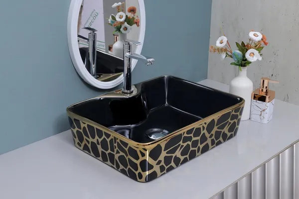 HISRE_Luxury_Glossy_Ceramic_Tabletop_Wash_Basin_Black_Gold_Glossy_Square_Designer_Sink_European_Style_Designer_Countertop_Vessel_Sink_for_Bathroom_(19x14x5_Inch)_G1113_Over_Counter_Basin_(Black_&_Golden)