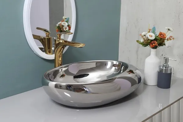 HISRE_Premium_Ceramic_Wash_Basin_Silver_Glossy_Oval_Designer_Countertop_Tabletop_Sink_Vessel_Sink_Wash_Basin_for_Bathroom_(16_x_13_x_6_Inch)_G2602_Over_Counter_Basin_(Silver)
