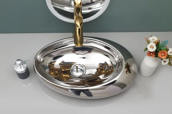 HISRE_Premium_Ceramic_Wash_Basin_Silver_Glossy_Oval_Designer_Countertop_Tabletop_Sink_Vessel_Sink_Wash_Basin_for_Bathroom_(16_x_13_x_6_Inch)_G2602_Over_Counter_Basin_(Silver)