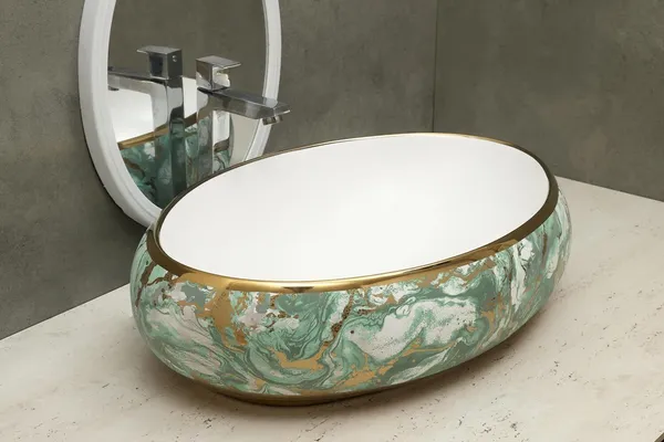 HISRE_Designer_Green_Golden_Marble_Round_Ceramic_Wash_Basin_Sink_Basin_for_Bathroom_Over_Counter_Wash_Basin_for_Living_Room_(24_x_17_x_5.5_Inch)_Vessel_Sink_(White)