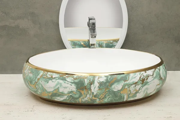 HISRE_Designer_Green_Golden_Marble_Round_Ceramic_Wash_Basin_Sink_Basin_for_Bathroom_Over_Counter_Wash_Basin_for_Living_Room_(24_x_17_x_5.5_Inch)_Vessel_Sink_(White)
