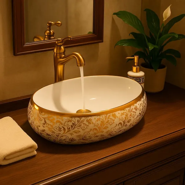 HISRE_Luxury_Golden_Floral_Table_Top_Wash_Basin_for_Bathroom_&_Hotel_Over_Counter_Wash_Basin_for_Living_Room_(24_x_17_x_5.5_Inch)_2203_Over_Counter_Basin_(White)