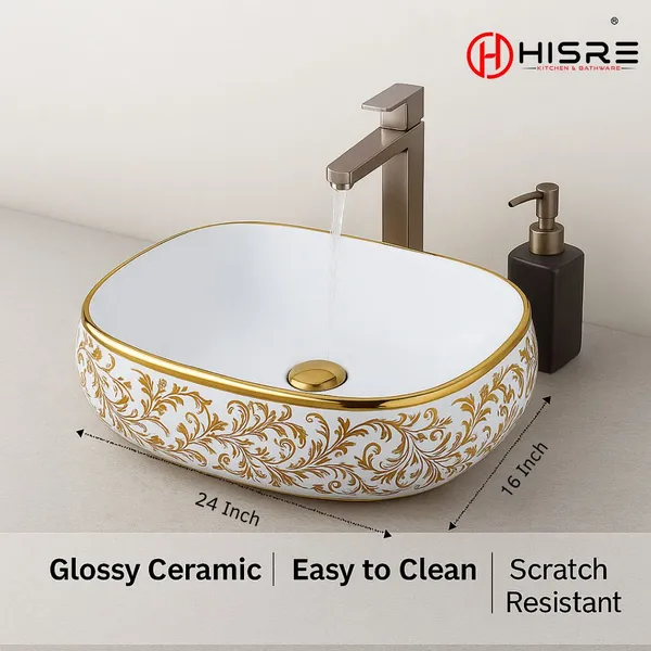 HISRE_Luxury_Golden_Floral_Table_Top_Wash_Basin_for_Bathroom_&_Hotel_Over_Counter_Wash_Basin_for_Living_Room_(24_x_17_x_5.5_Inch)_2203_Over_Counter_Basin_(White)