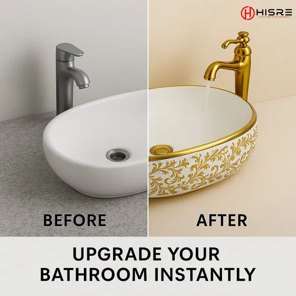 HISRE_Luxury_Golden_Floral_Table_Top_Wash_Basin_for_Bathroom_&_Hotel_Over_Counter_Wash_Basin_for_Living_Room_(24_x_17_x_5.5_Inch)_2203_Over_Counter_Basin_(White)
