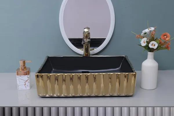 HISRE_Designer_Tabletop_Wash_Basin_Black_&_Golden_Square_Countertop_Vessel_Sink_Modern_Design_-_Perfect_for_Home_&_Bathroom_Decor_(Model-_G3001)_Over_Counter_Basin_(Golden)