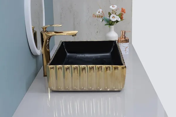 HISRE_Designer_Tabletop_Wash_Basin_Black_&_Golden_Square_Countertop_Vessel_Sink_Modern_Design_-_Perfect_for_Home_&_Bathroom_Decor_(Model-_G3001)_Over_Counter_Basin_(Golden)