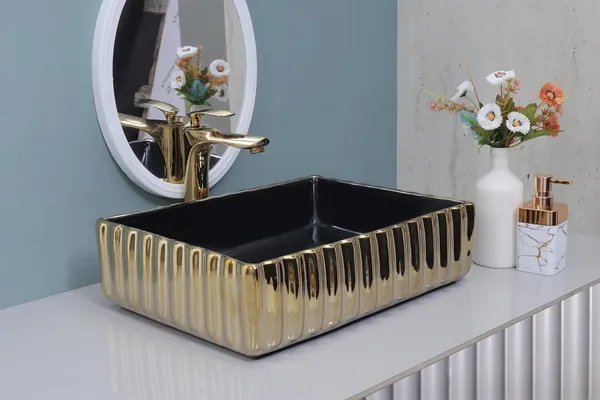 HISRE_Designer_Tabletop_Wash_Basin_Black_&_Golden_Square_Countertop_Vessel_Sink_Modern_Design_-_Perfect_for_Home_&_Bathroom_Decor_(Model-_G3001)_Over_Counter_Basin_(Golden)