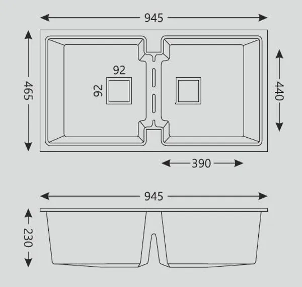 HISRE_Black_Quartz_Double_Bowl_Kitchen_Sink_Matte_Finish_Including_Sink_Couplings/Waste_pipe/Strainer_(IB-3718/Double_Bowl)_Table_Top_Basin_(Lime_Lvory)