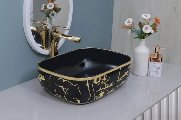 HISRE_Designer_Tabletop_Wash_Basin_Black_&_Gold_Rectangular_Countertop_Vessel_Sink_Modern_Design_-_Perfect_for_Home_&_Bathroom_Decor_(Model-G3011)_Over_Counter_Basin_(Black_&_Golden)