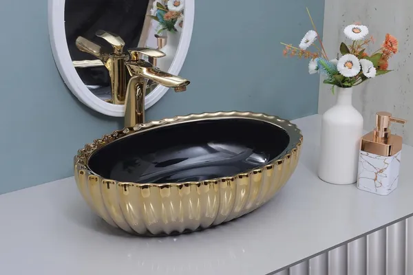 HISRE_Ceramic_Wash_Basin_Golden_&_Black_Round_Countertop_Vessel_Sink_for_Bathroom_Modern_Design_-_Perfect_for_Home_&_Bathroom_Decor_(Model-G3041)_Over_Counter_Basin_(Black_&_Golden)