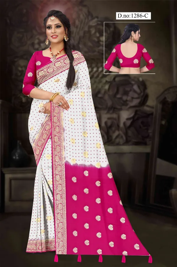 White_Printed_Saree_With_Magenta_Border_For_Women