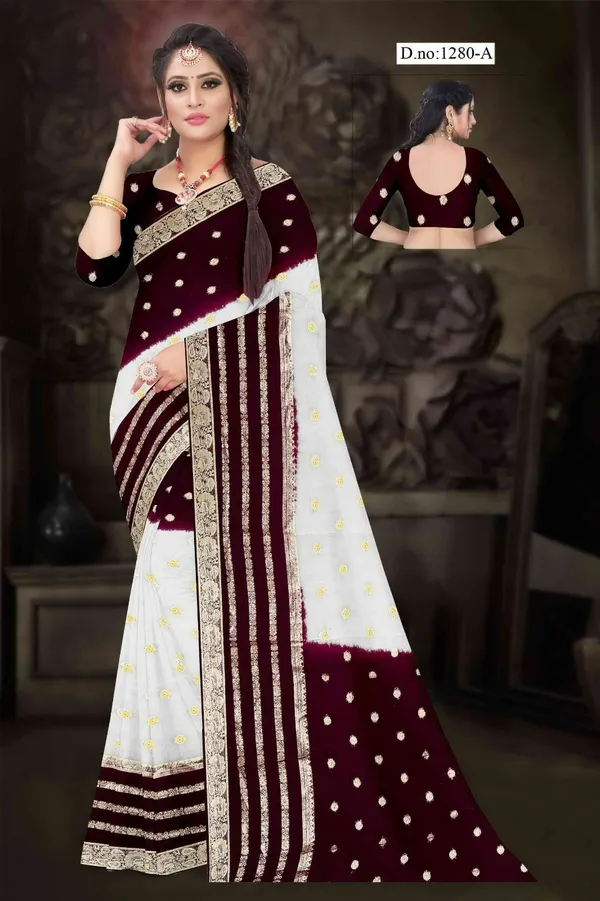 Burgundy_White_Traditional_Saree_For_Women
