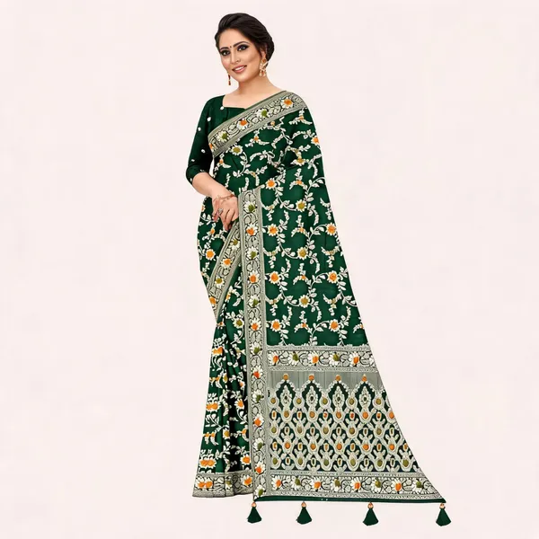 Green_Viscose_Jacquard_Floral_Print_Saree_For_Women