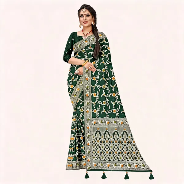Green_Viscose_Jacquard_Floral_Print_Saree_For_Women