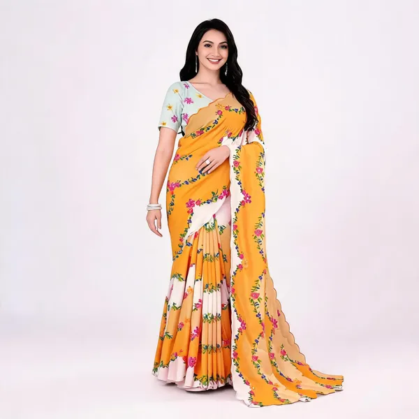 Yellow_Vichitra_Silk_Floral_Print_Saree_For_Women