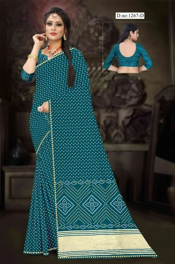 Teal_Printed_Saree_With_Matching_Blouse_For_Women
