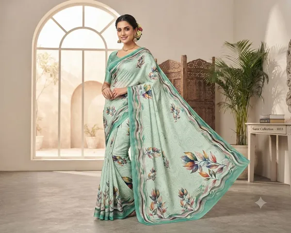 Mint_Green_Floral_Print_Saree_for_Women