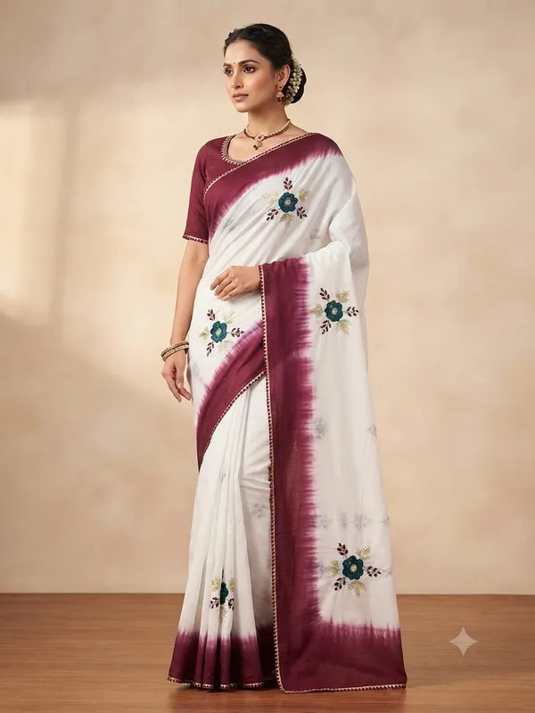 White_Maroon_Floral_Print_Saree_for_Women