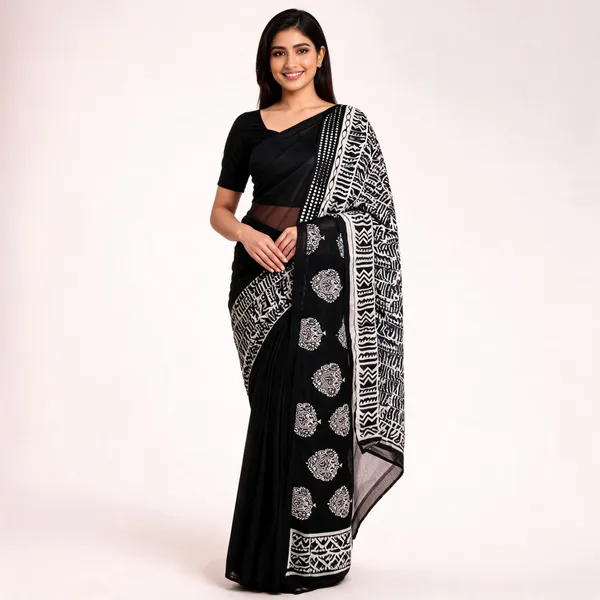 Black_Georgette_Geometric_Printed_Saree_For_Women