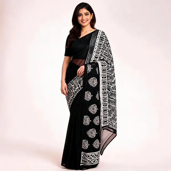 Black_Georgette_Geometric_Printed_Saree_For_Women