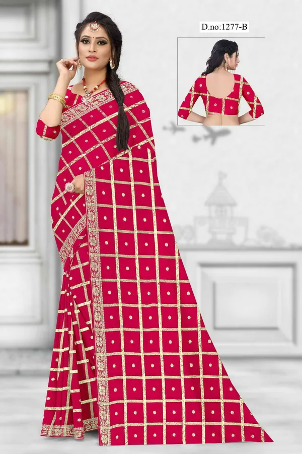Red_Zari_Checkered_Saree_With_Blouse_for_Women