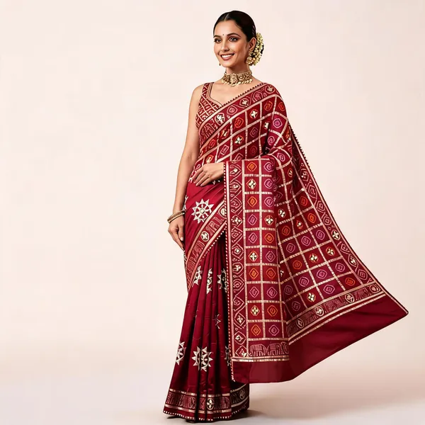 Maroon_Viscose_Bandhej_Geometric_Woven_Saree_For_Women