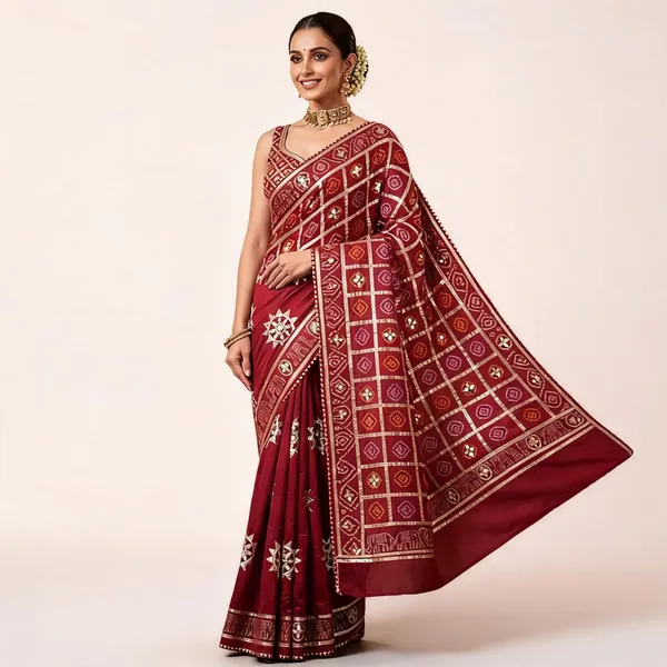 Maroon_Viscose_Bandhej_Geometric_Woven_Saree_For_Women