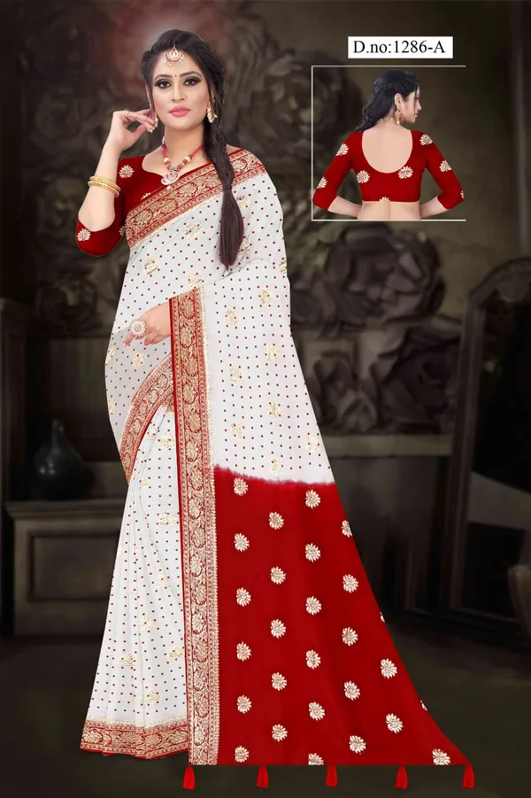 Red_And_White_Printed_Saree_With_Blouse_For_Women