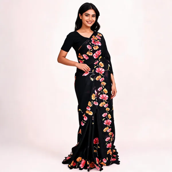 Black_Linen_Cotton_Floral_Print_Saree_For_Women