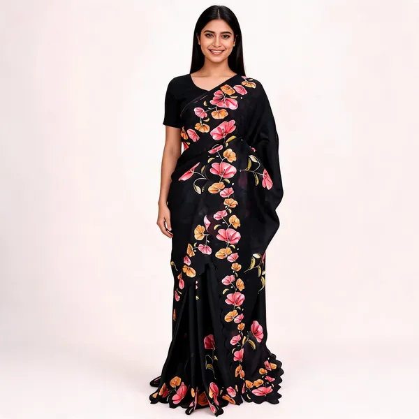 Black_Linen_Cotton_Floral_Print_Saree_For_Women