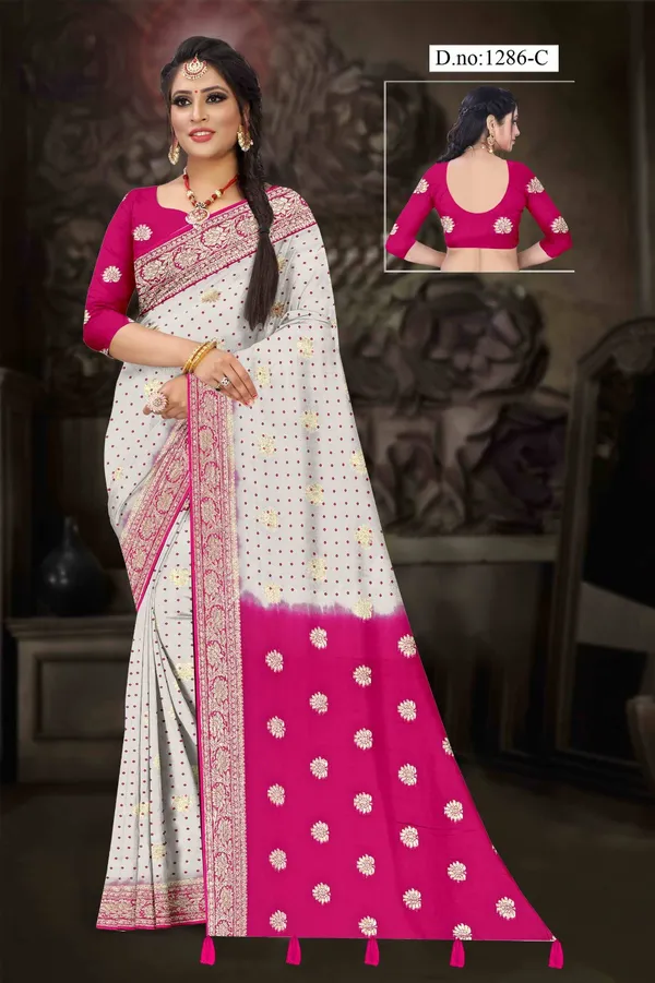 White_Printed_Saree_With_Magenta_Border_for_Women