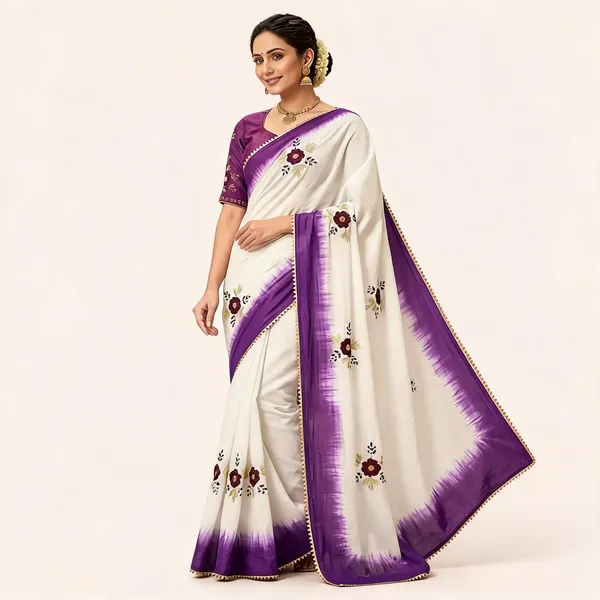 White_Purple_Cotton_Jari_Pallu_Floral_Print_Saree_For_Women
