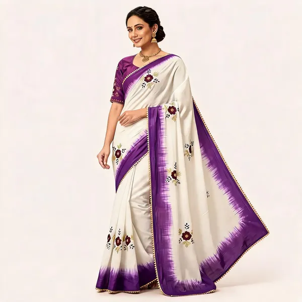 White_Purple_Cotton_Jari_Pallu_Floral_Print_Saree_For_Women