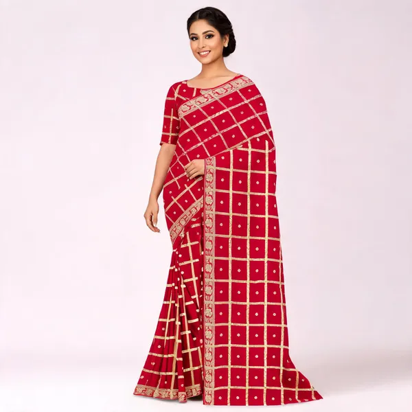 Red_Viscose_Georgette_Zari_Checkered_Saree_For_Women