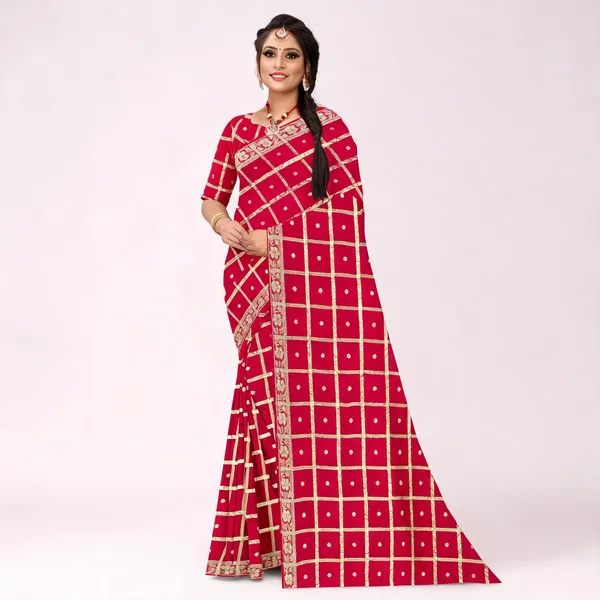Red_Viscose_Georgette_Zari_Checkered_Saree_For_Women