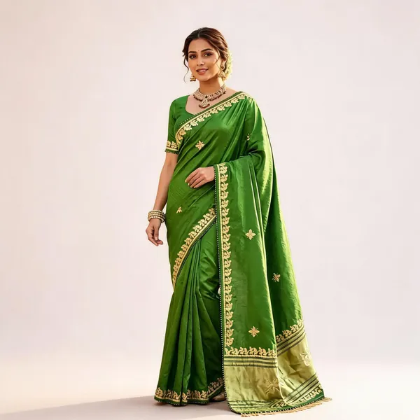 Green_Satin_Jacquard_Embroidered_Traditional_Saree_For_Women
