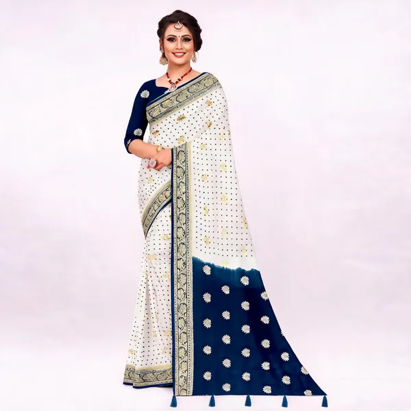 White_Navy_Viscose_Georgette_Zari_Butti_Saree_For_Women