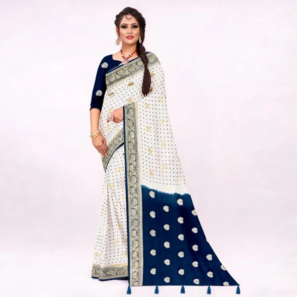 White_Navy_Viscose_Georgette_Zari_Butti_Saree_For_Women