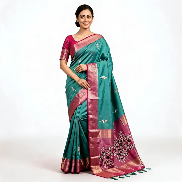 Teal_Vichitra_Silk_Jacquard_Border_Woven_Saree_For_Women