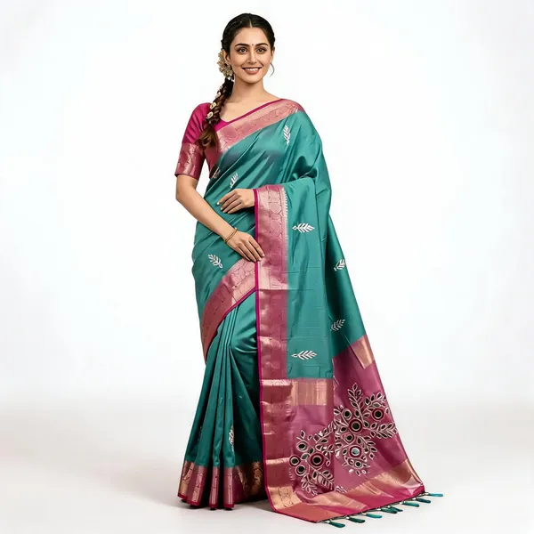 Teal_Vichitra_Silk_Jacquard_Border_Woven_Saree_For_Women
