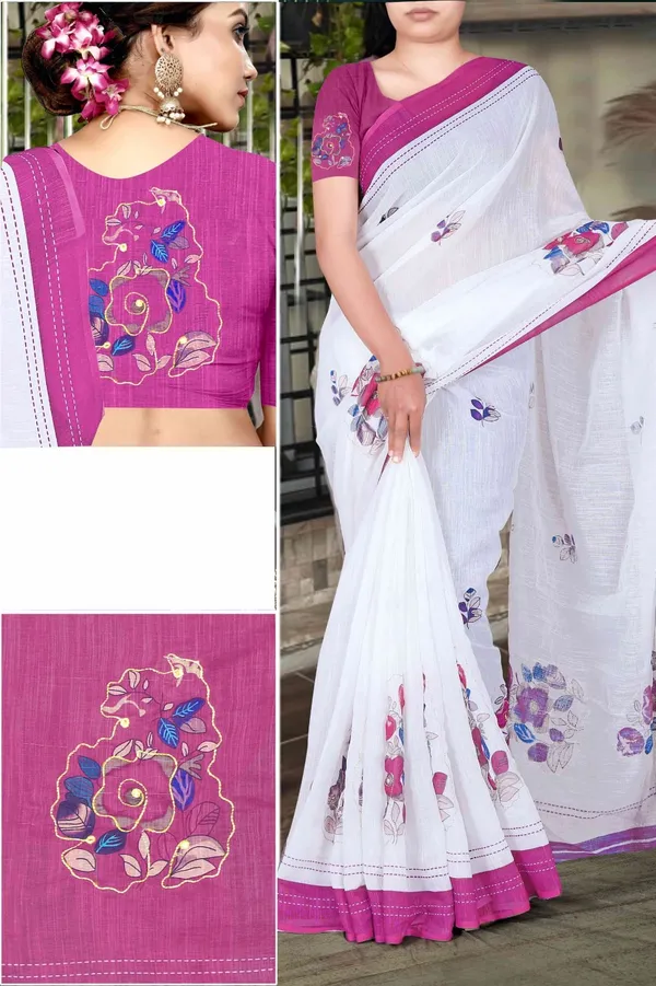 White_Cotton_Floral_Print_Saree_For_Women