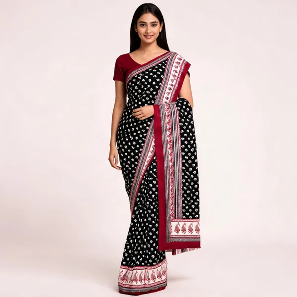 Maroon_Black_Moss_Jacquard_Jari_Border_Printed_Saree_For_Women