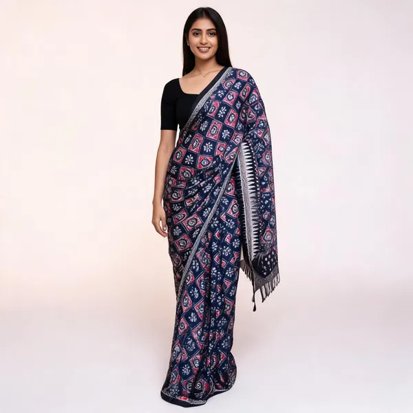 Blue_Silk_Geometric_Floral_Printed_Saree_For_Women