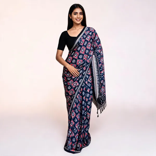 Blue_Silk_Geometric_Floral_Printed_Saree_For_Women