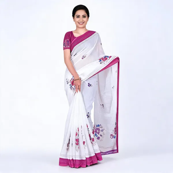 White_Linen_Soft_Cotton_Floral_Print_Saree_For_Women